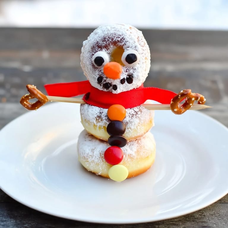 Festive Mini Donut Snowman treats with sweet powdered sugar, waiting to be enjoyed by all ages.
