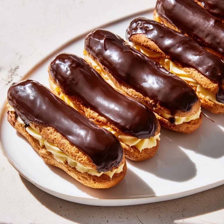 Beautiful, bite-sized mini chocolate éclairs arranged, with glistening chocolate glaze and creamy filling.