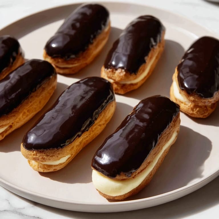 A close-up of mini chocolate éclairs, showcasing the glossy glaze and delicious, smooth pastry cream.