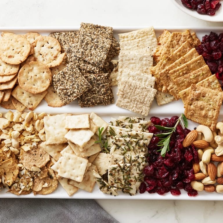 Crisp Holiday Crackers: a festive presentation, showcasing assorted crackers with optional cranberry garnish.