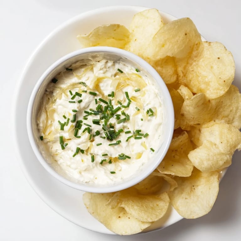 A close-up of potato chips with onion dip: creamy, tangy, with fresh chives, ideal for dipping!
