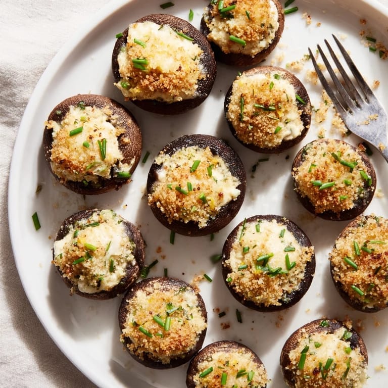 Baked stuffed mushroom caps, glistening with olive oil, ready to serve as a flavorful vegetarian appetizer.