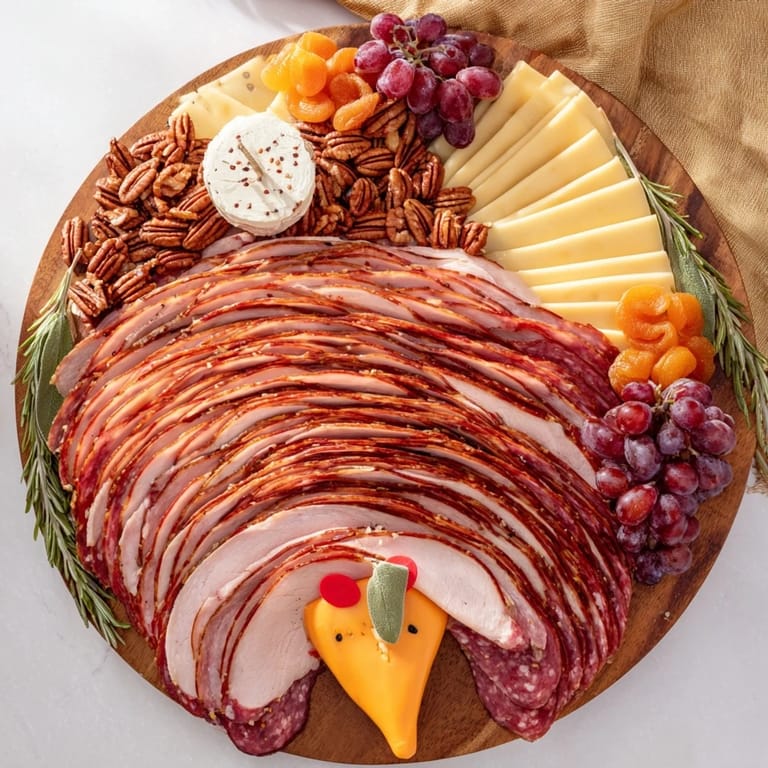 A delicious Turkey Tail Fan charcuterie board, with a cheese ball turkey head, awaits a fantastic holiday gathering.