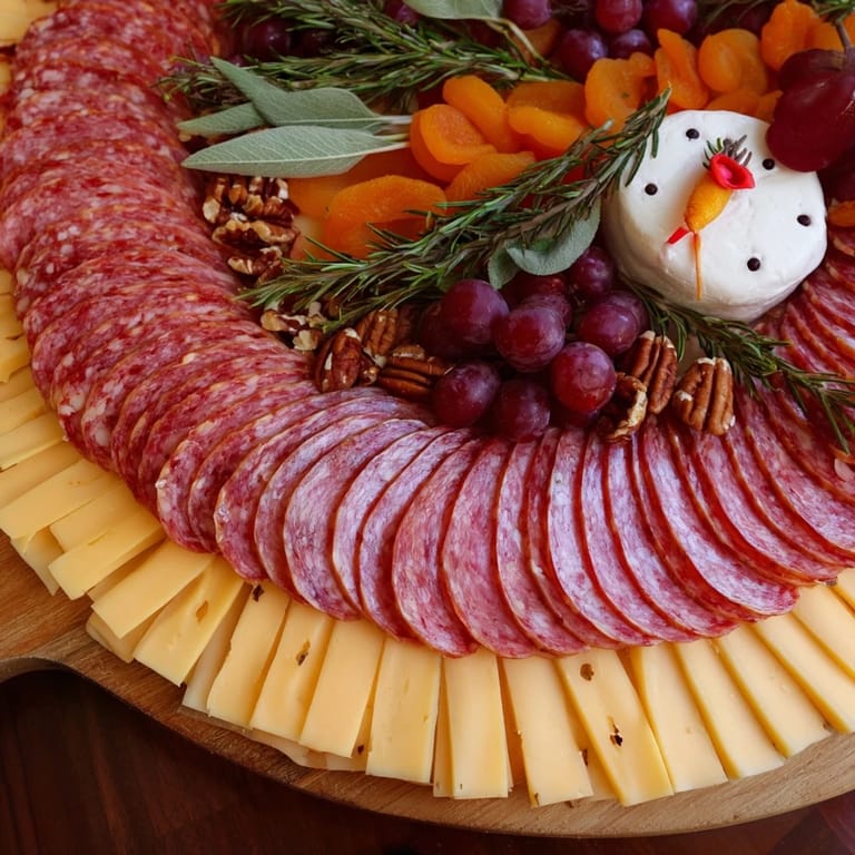 Arranged artfully, this Thanksgiving-ready Turkey Tail Fan charcuterie board boasts savory meats and creamy cheeses.