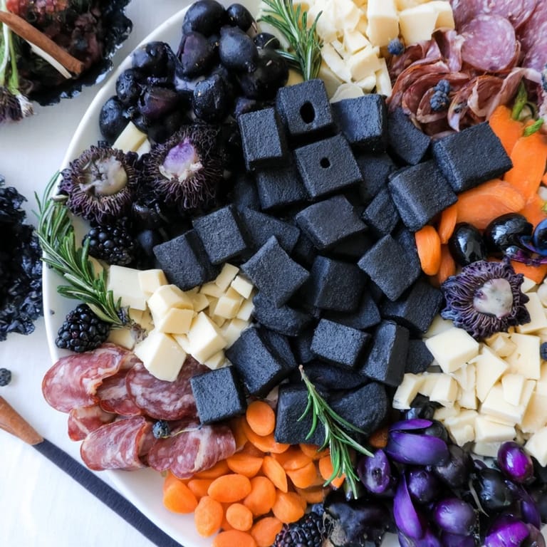 Imagine a spooky Ghostly Outline Halloween Charcuterie Board with dark cheeses and vibrant fruit garnishes.