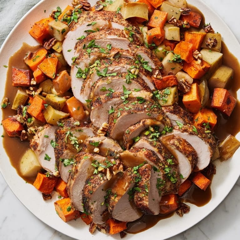 A delicious view of Chains of the Mayflower: sliced turkey circling roasted root vegetables.