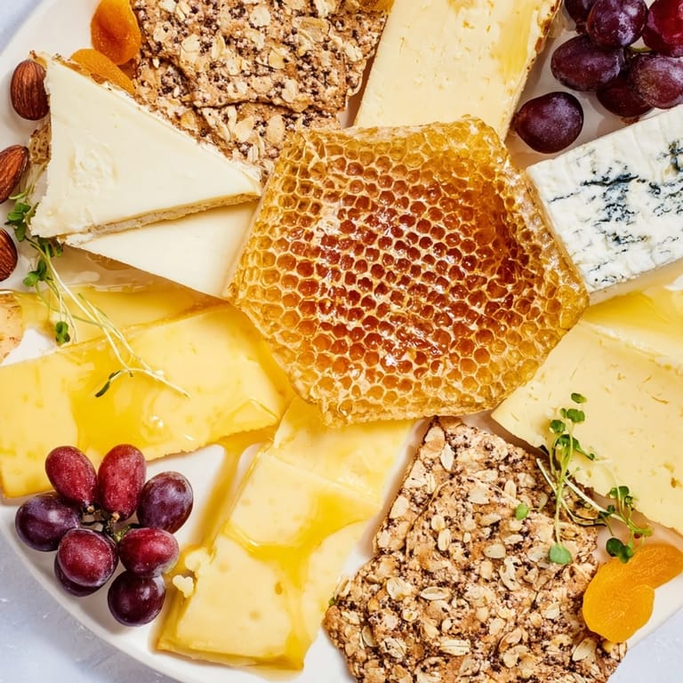 This Gilded Hive recipe showcases a beautifully arranged cheese board with sparkling honeycomb details.