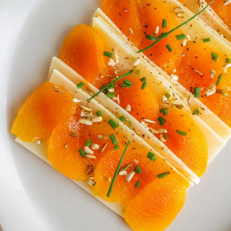 Vivid orange bands of apricots and cheese create a stunning Serengeti Sunset appetizer.