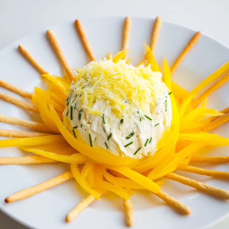 Beautifully arranged Tuscan Sunburst appetizer with bright yellow peppers and breadsticks—a perfect summer treat.