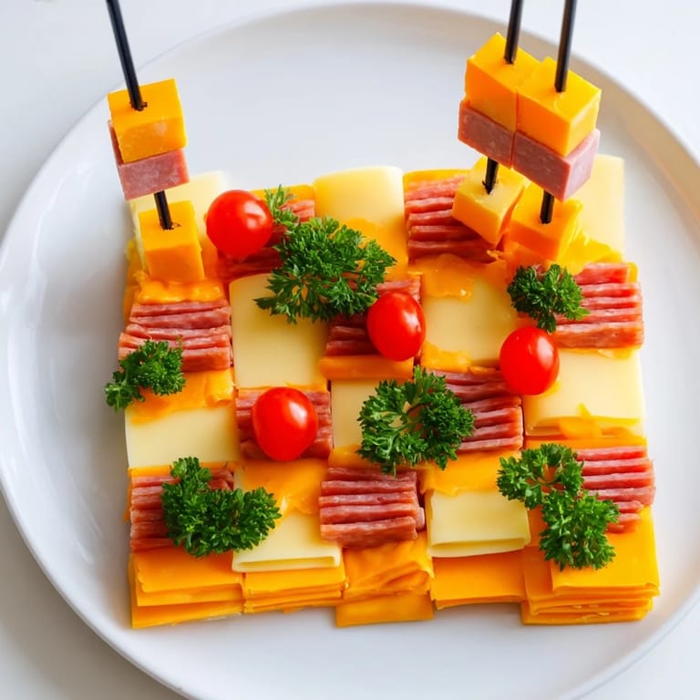 A delicious, detailed image of The Checkerboard Chalet appetizer, a visually stunning cheese and meat creation for your guests.