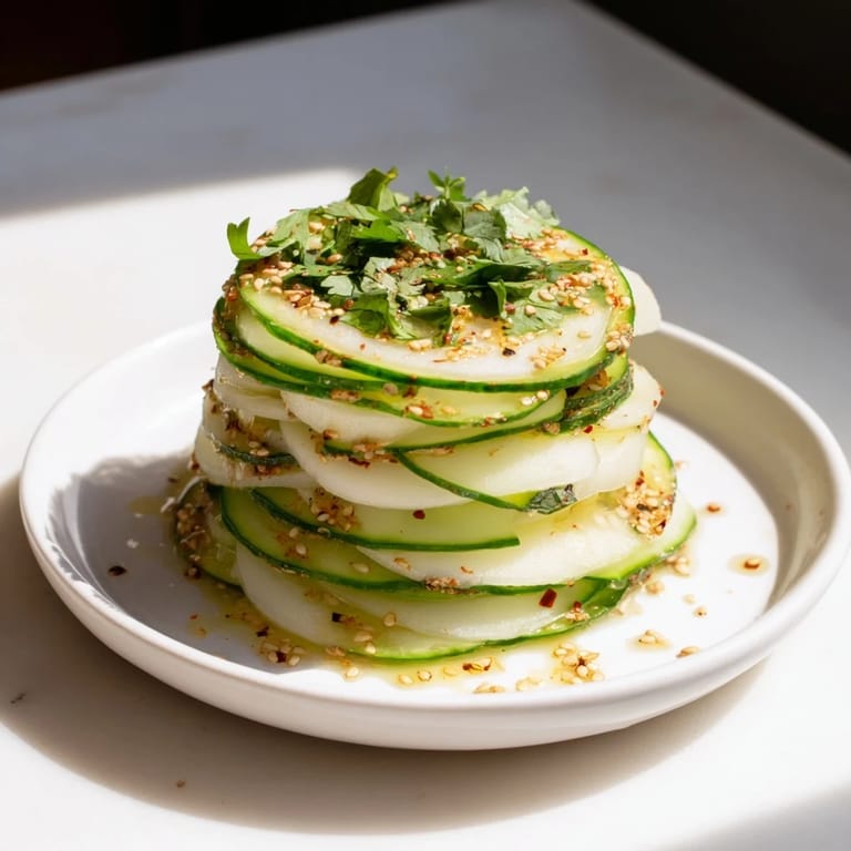 Cool and crunchy: Refreshing Jicama and Cucumber Slice Stack, ready to enjoy as a light, healthy snack.