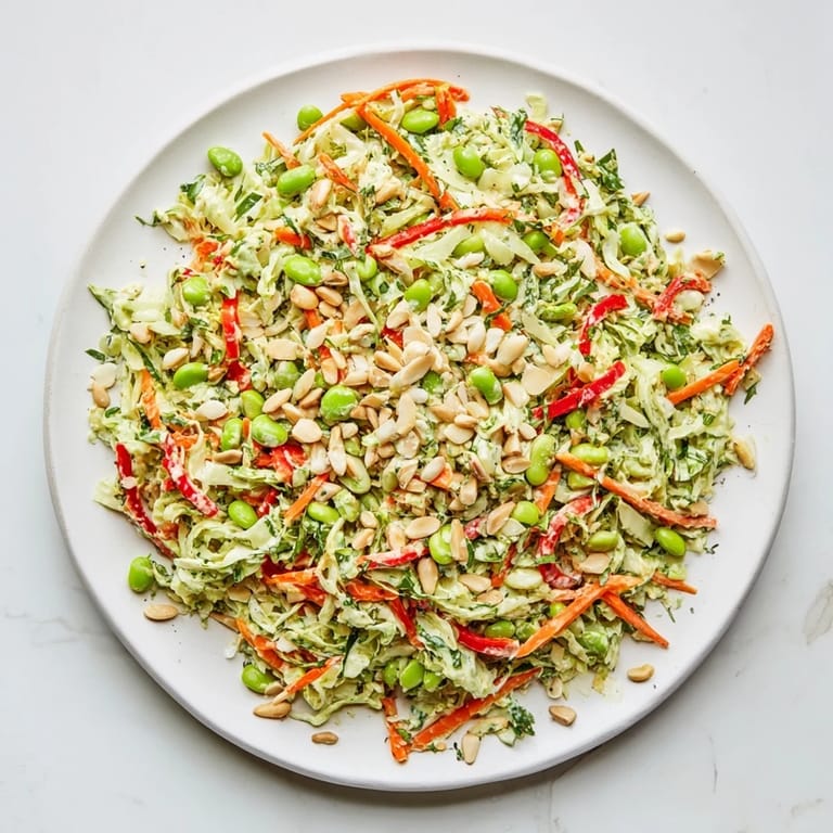 Close-up of a refreshing Crunchy Cabbage and Edamame Salad, topped with crunchy seeds and nuts, for a flavorful side.