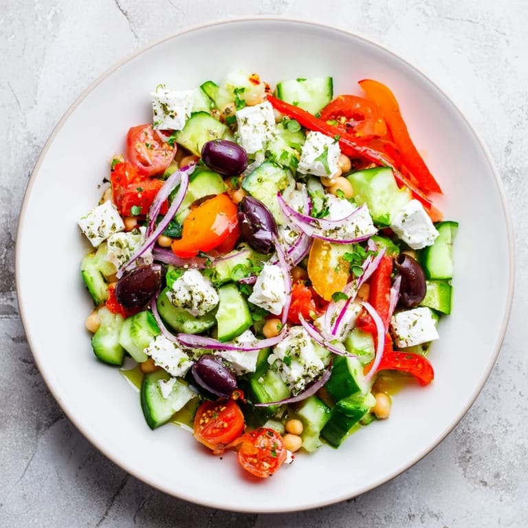 This Mediterranean Chickpea and Feta Bowl features a delicious mix of crisp vegetables and crumbled vegan feta.