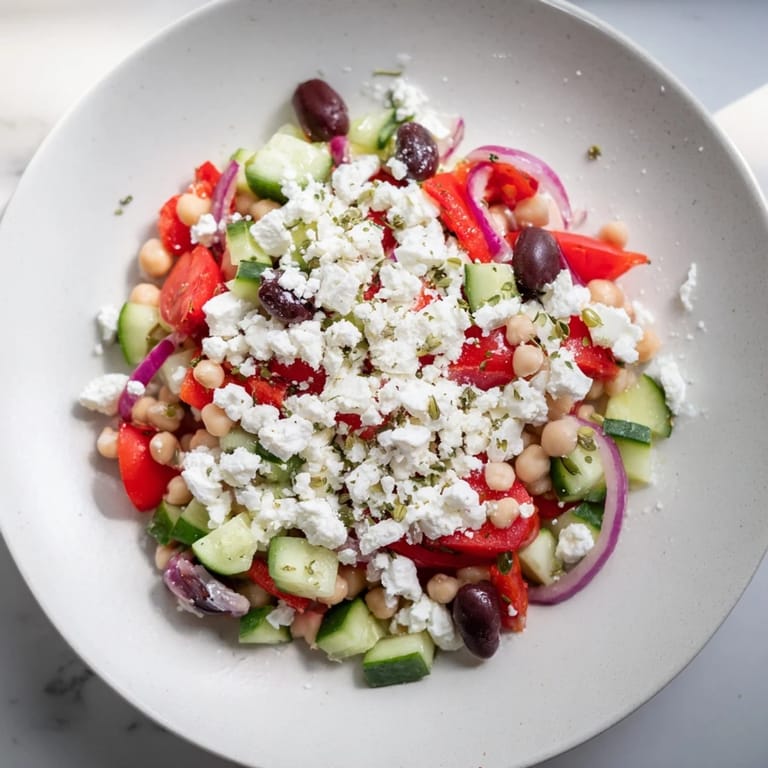 A close-up view of a flavorful Mediterranean Chickpea and Feta Bowl, ready for a healthy lunch or dinner.