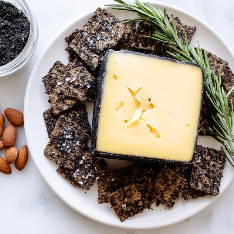 Dramatic cheese platter named The Obsidian Peak, with charcoal almonds and a cheddar mountain.