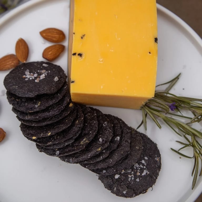 Obsidian Peak cheese platter: creamy cheddar tower, rye crackers, and charcoal-dusted almonds for guests.