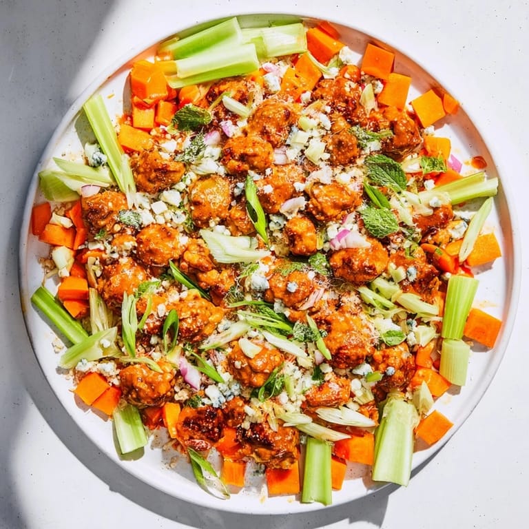 A close-up of a colorful buffalo chicken bean salad, perfect for a quick, healthy lunch.