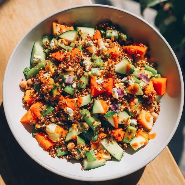 Enjoy this hearty buffalo chicken bean salad, a vegetarian dish with buffalo wing flavor.