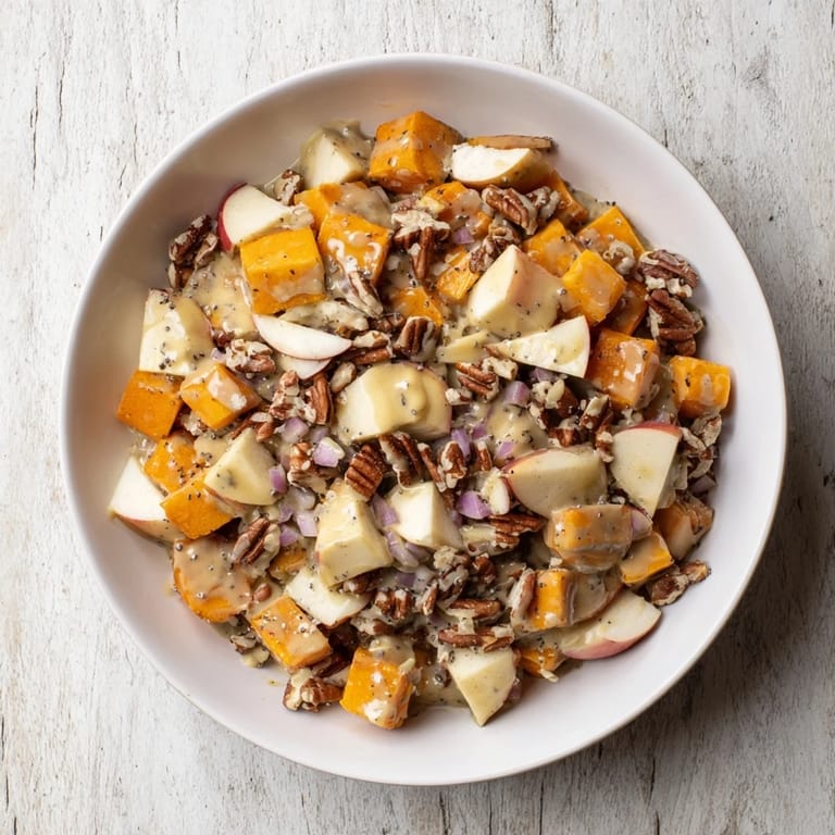 This nutritious Fall Harvest Apple and Chickpea Salad features diced apples, walnuts, and a honey-mustard dressing.