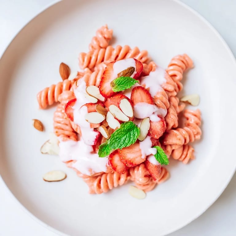 This Sweet Strawberry Yogurt Pasta features a bright, fruity sauce coating perfectly cooked pasta, ready to enjoy.