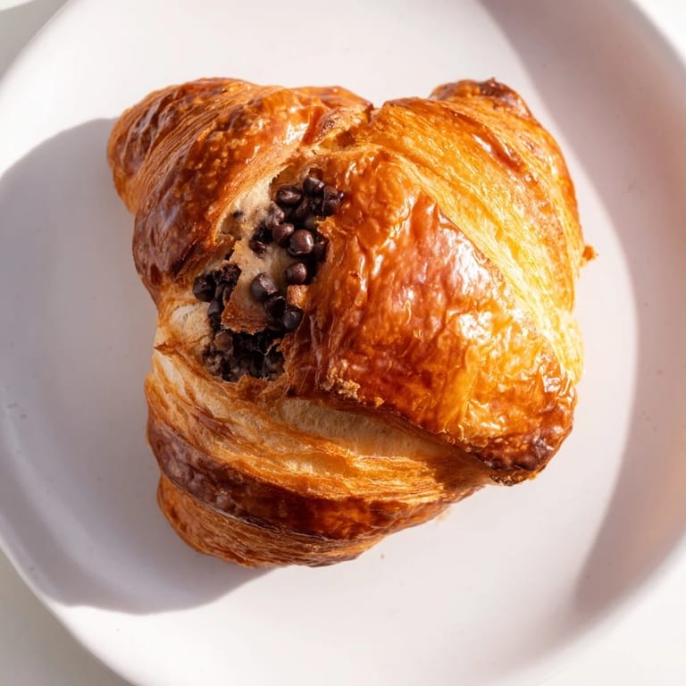 Delicious Chocolate Cookie Croissants, showing a cross-section with melted chocolate and flaky layers.