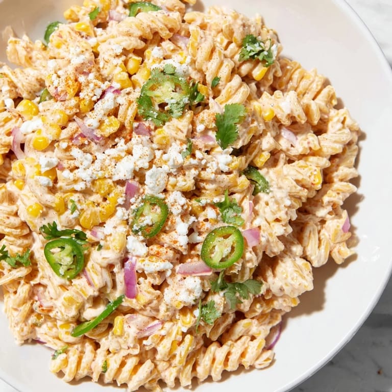 This Creamy Street Corn Pasta Salad features colorful peppers, pasta, and rich, creamy dressing ready to eat.