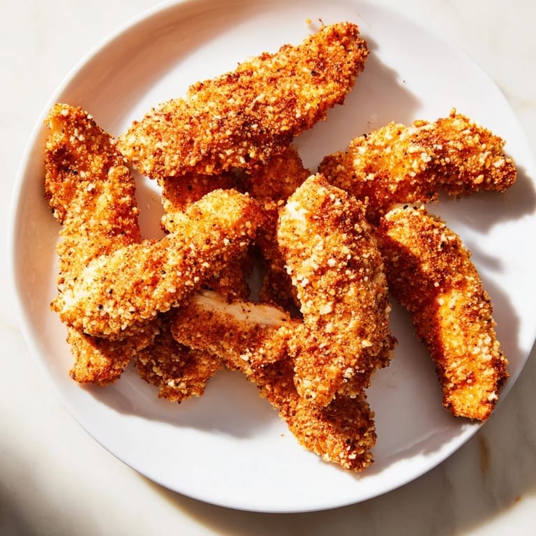 Close-up of crispy, juicy air-fried chicken tenders showing off their crunchy, golden breading.