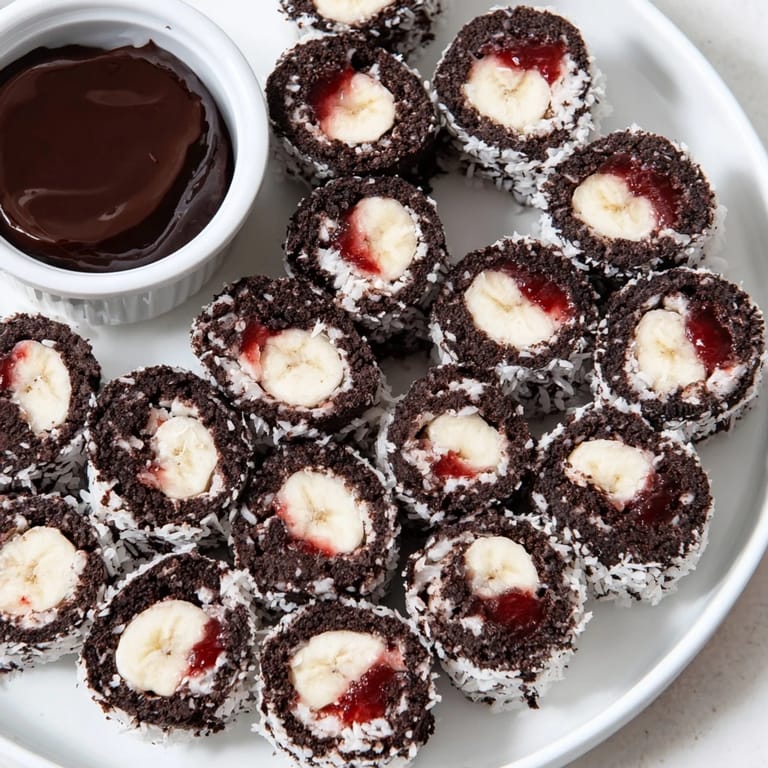 Enjoy the unique Oreo Cookie Sushi Rolls, beautifully arranged, ready for a sweet bite with chocolate sauce.