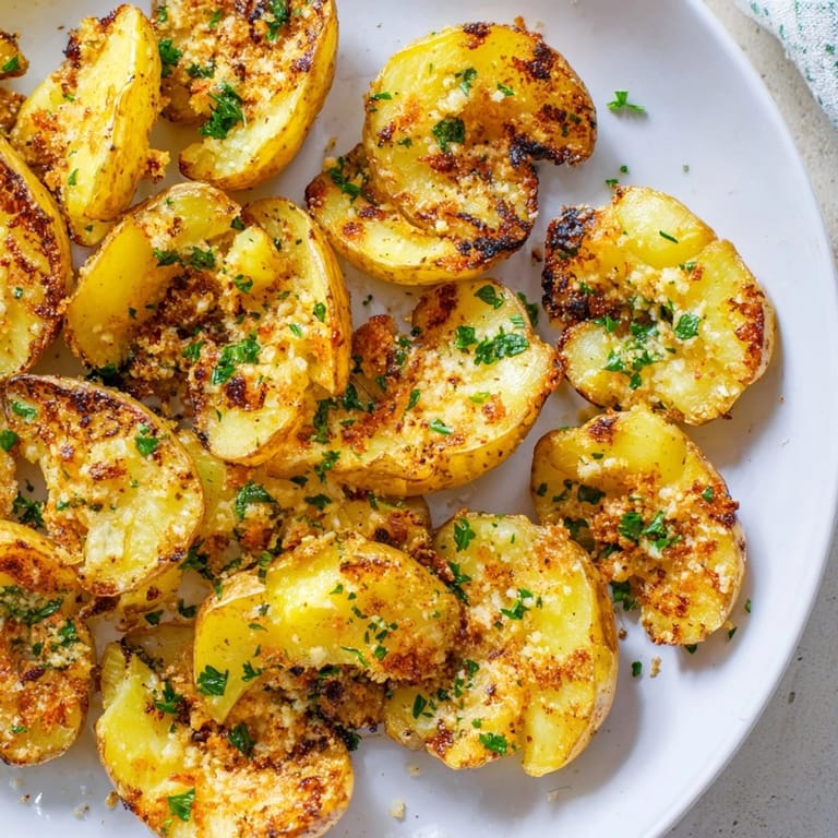 Smashed and golden, these Garlic Parmesan Potatoes offer a delicious, savory potato snack.