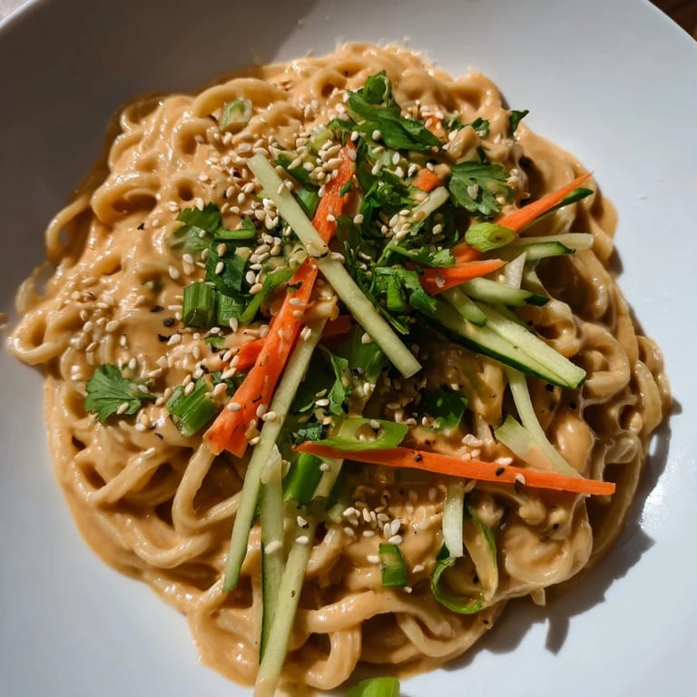A bowl of vibrant cold sesame noodles garnished with fresh herbs and a drizzle of chili oil.