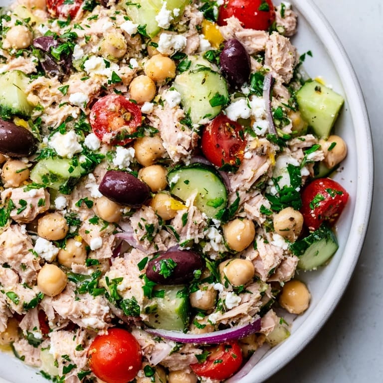 Refreshing Tuna Chickpea Salad featuring tuna, chickpeas, and a bright lemon dressing, ready to eat.