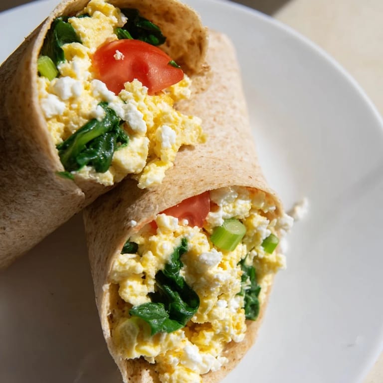Delicious feta egg wrap, showcasing a healthy breakfast of eggs, vegetables, and feta filling a tortilla.