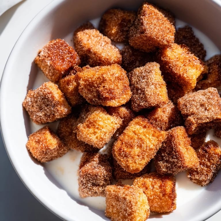 A bowl of delicious, homemade French Toast Cereal, cinnamon-sugared and perfect for breakfast.