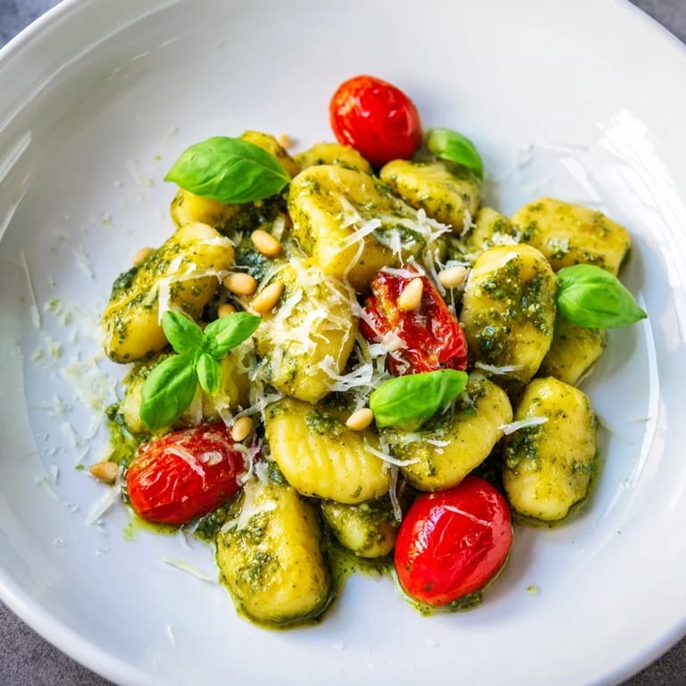Pan-fried crispy gnocchi coated in rich pesto, featuring sweet cherry tomatoes, ready to serve and enjoy.