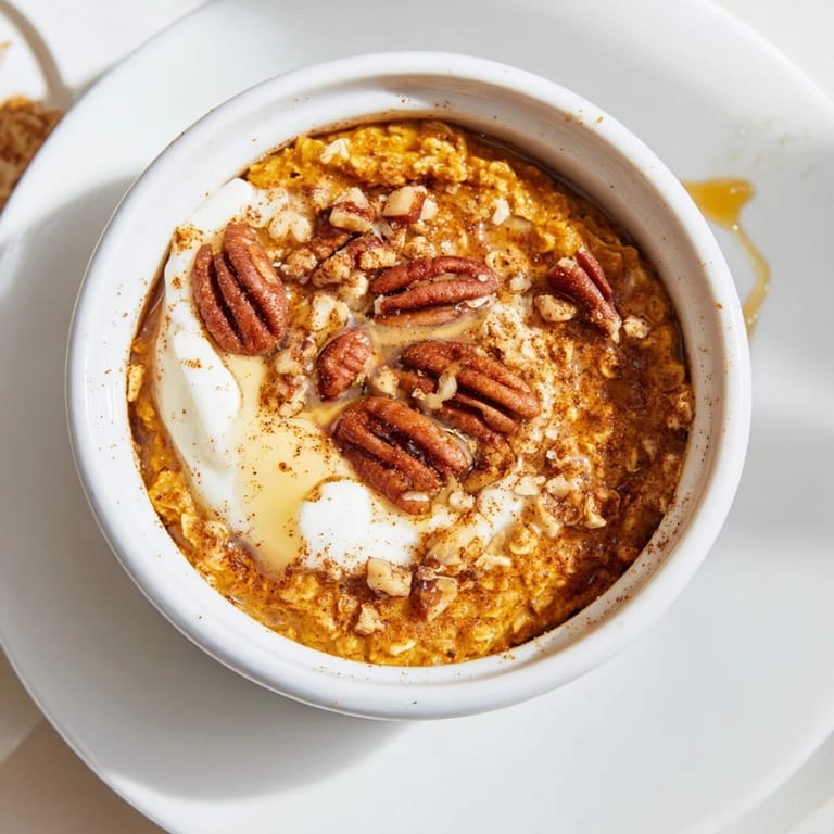 Warm, spiced Pumpkin Spice Baked Oats with a sweet, cake-like texture, perfect for fall mornings.