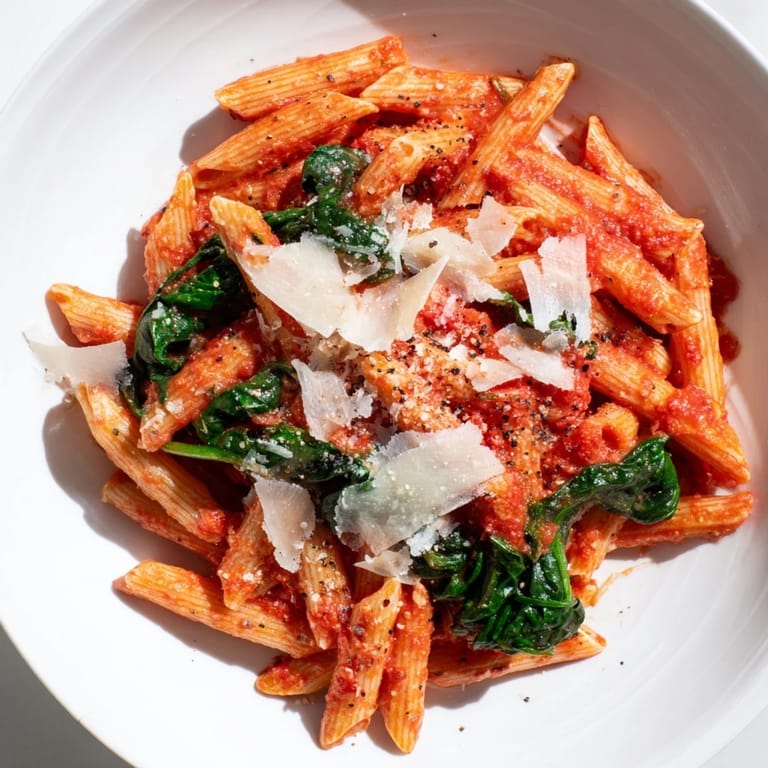 A close-up shot of the Quick Marinara Pasta with Spinach, garnished with fresh basil and Parmesan cheese.