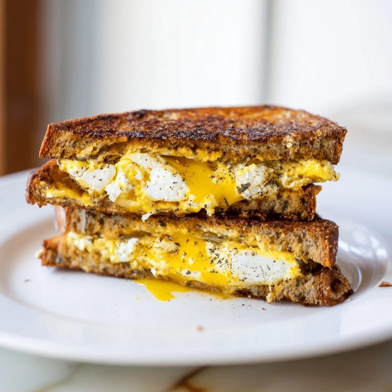 A close-up view of a perfectly grilled Feta Fried Eggs sandwich, oozing cheese and fried egg.