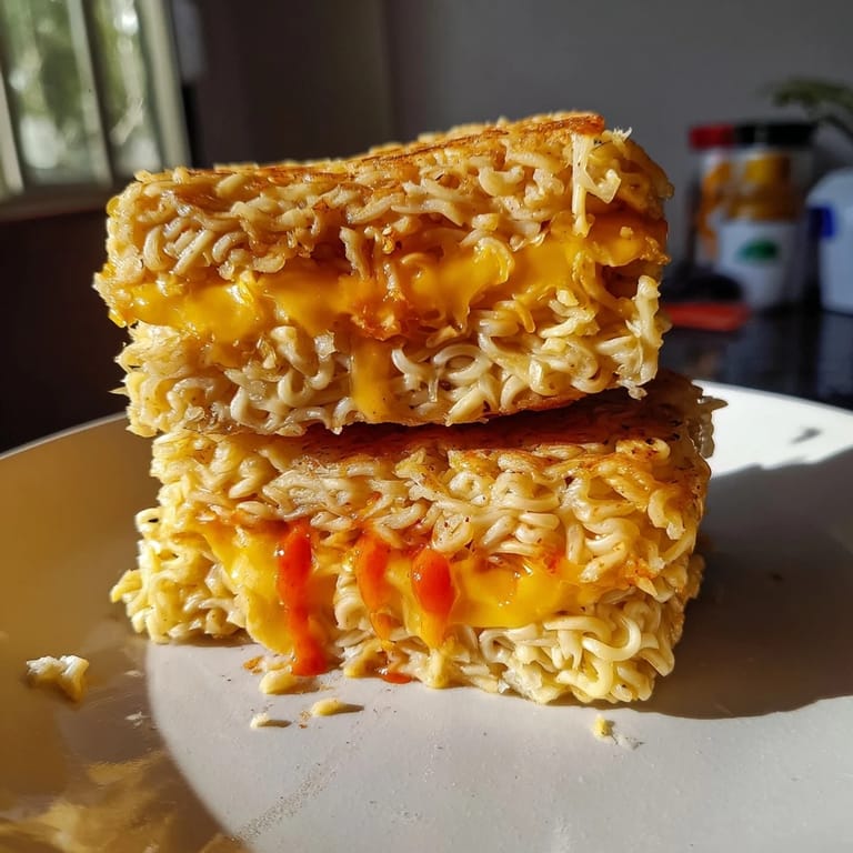 Mouthwatering, golden-brown Instant Ramen Grilled Cheese ready to be sliced, offering a perfect, quick lunch.