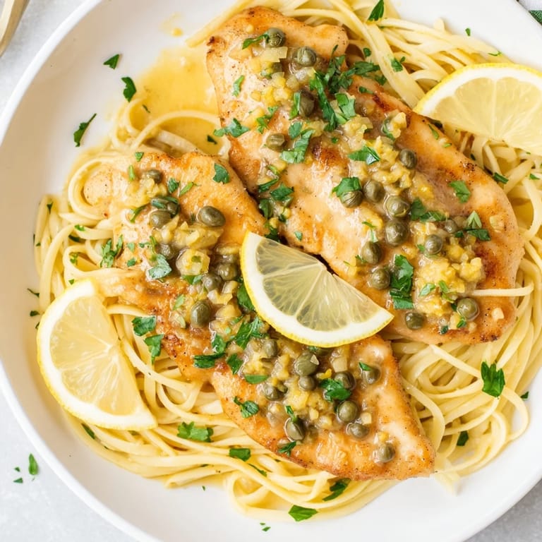 Close-up of a flavorful Quick Chicken Piccata Pasta featuring tender chicken in a zesty lemon sauce.