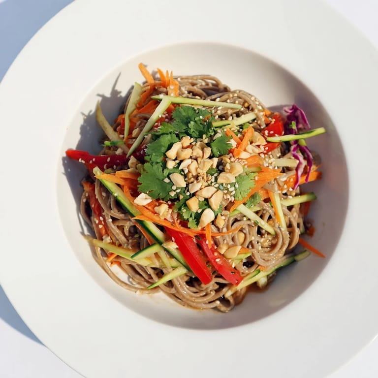 This Cold Noodle Salad features soba noodles and crisp veggies coated in sesame-ginger dressing, ready to enjoy.