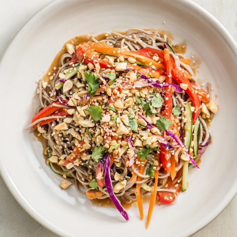A beautiful bowl of Cold Noodle Salad with sesame-ginger dressing, garnished with peanuts, ready to serve and enjoy.