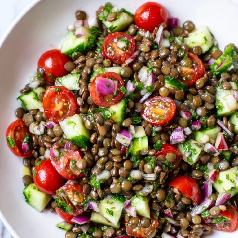 This healthy lentil salad boasts tender lentils with bright red tomatoes and cooling cucumber.