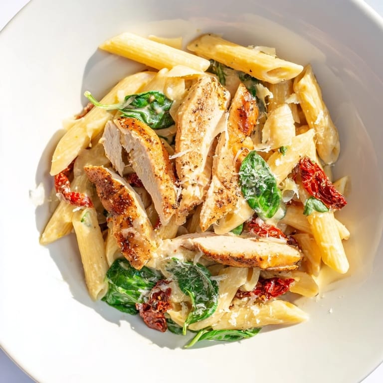 Imagine the vibrant red sun-dried tomatoes and spinach in a warm Creamy Tuscan Chicken Pasta dish.