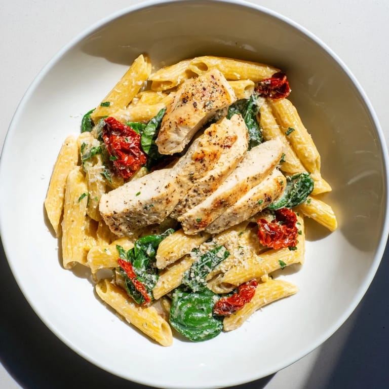 A close-up shot of Creamy Tuscan Chicken Pasta, a satisfying meal with flavorful sauce and herbs.