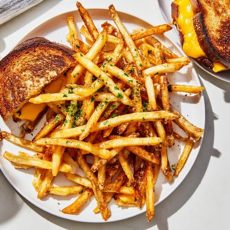 A close-up of a Beef Tallow French Fries Grilled Cheese, showcasing golden fries and bubbling cheese.