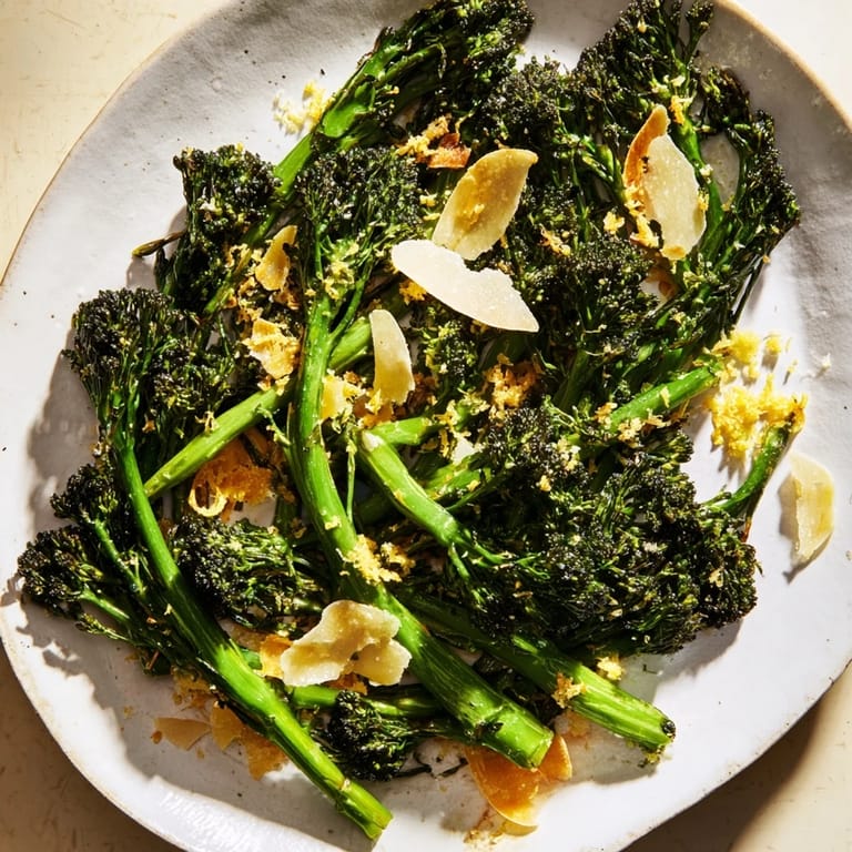 This delicious Charred Broccolini Salad showcases air-fried broccolini, with savory garlic and salty Parmesan cheese.