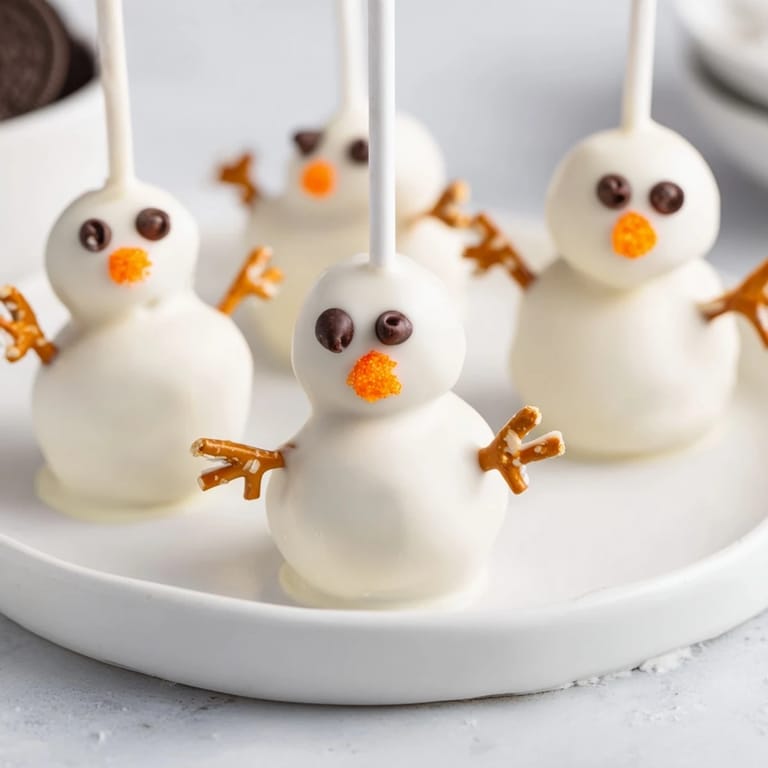 Sweet, adorable Oreo Snowman Cake Pops, showcasing a delicious dessert with pretzel arms.