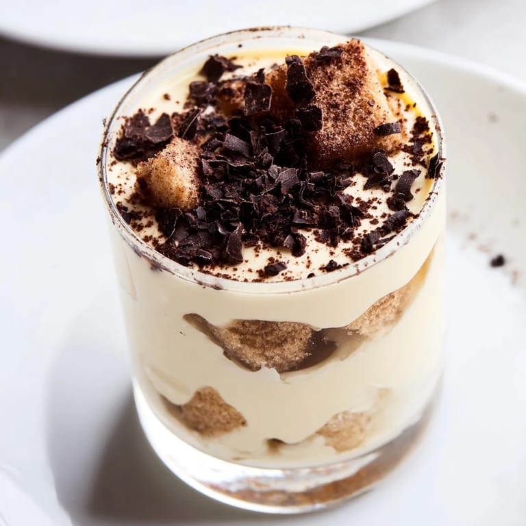 Individual deconstructed tiramisu shots, rich mascarpone cream contrasted with dark cocoa powder dusting the top.
