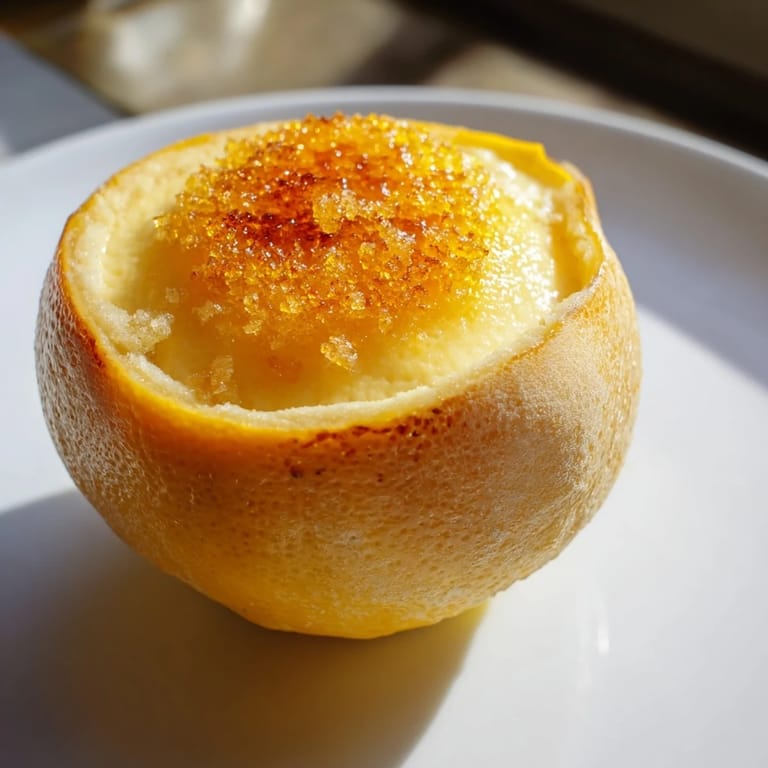 Golden, caramelized sugar crowns each delicate Lemon Brûlée Posset, nestled in bright, hollowed lemon shells.