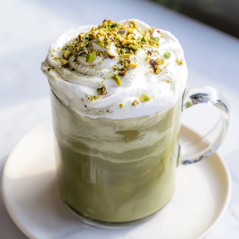 Enjoy a homemade Pistachio Latte, garnished with pistachios and topped with a cold, sweet foam.